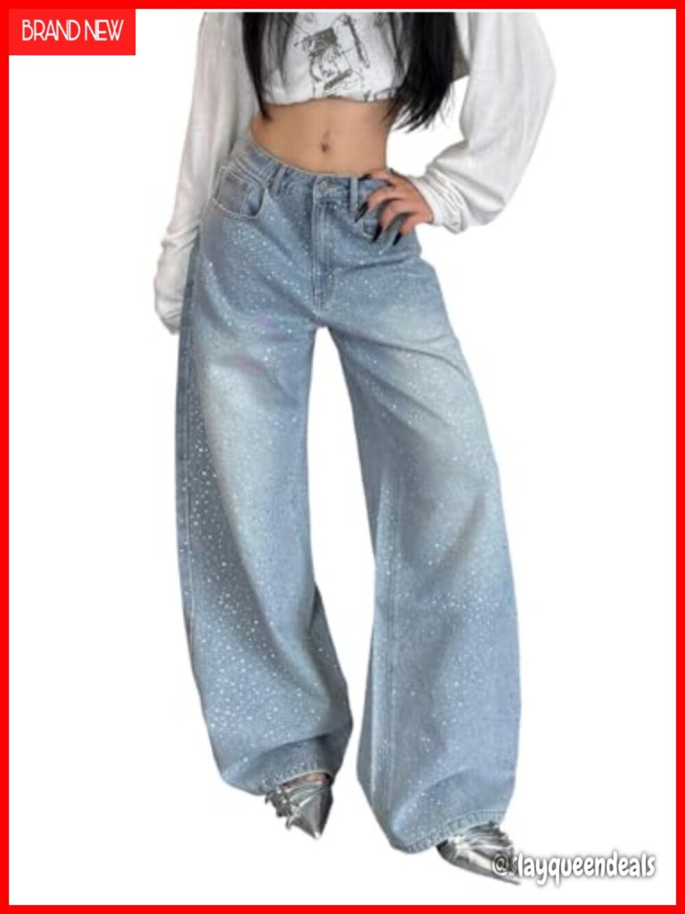 Womens Baggy Rhinestone Wide Leg Jeans Y2K High Rise Sparkly Denim Pants